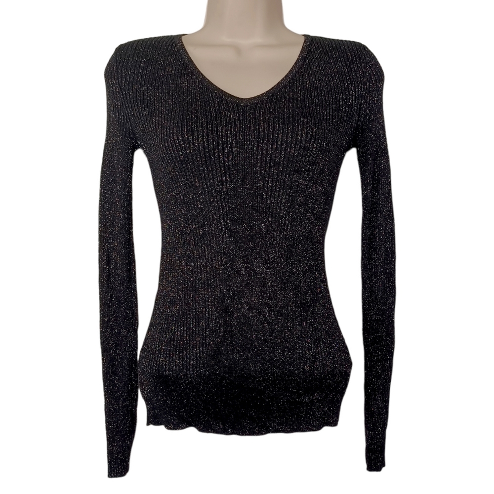 SOFIA VERGARA Silver Shimmer Black Stretchy Ribbed Long Sleeve V Neck Top XSmall